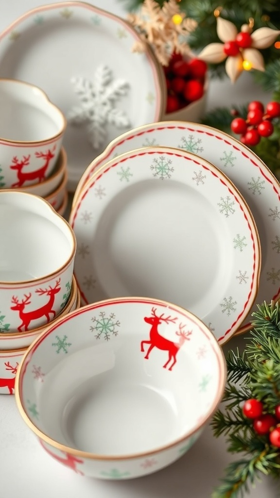 Festive dinnerware with reindeer and snowflake designs