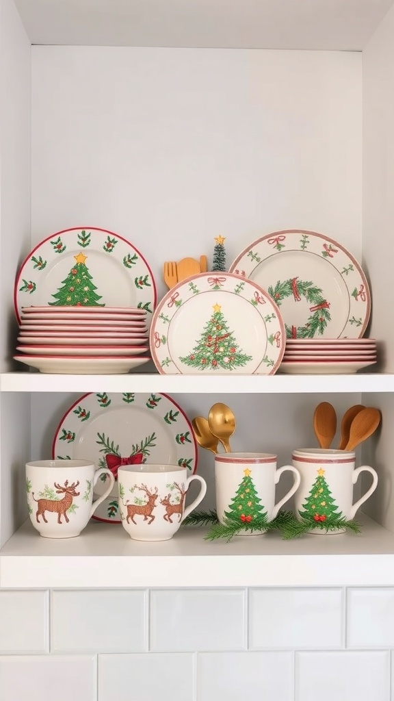 A display of holiday-themed dishware featuring Christmas trees and festive designs.