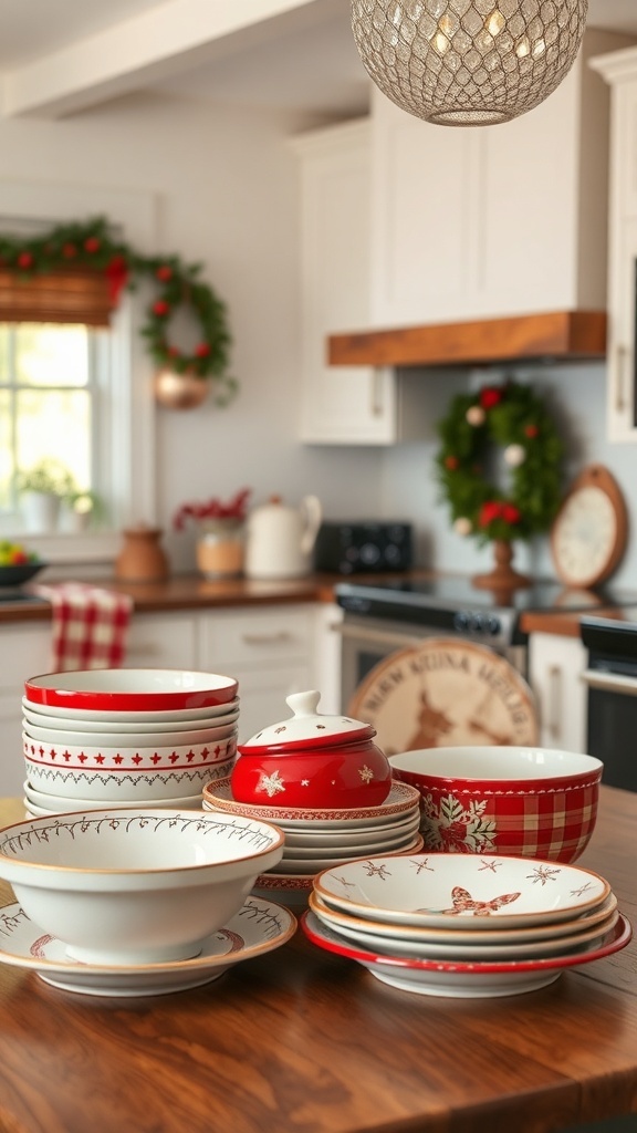 A collection of holiday-themed dishware in a farmhouse kitchen setting.