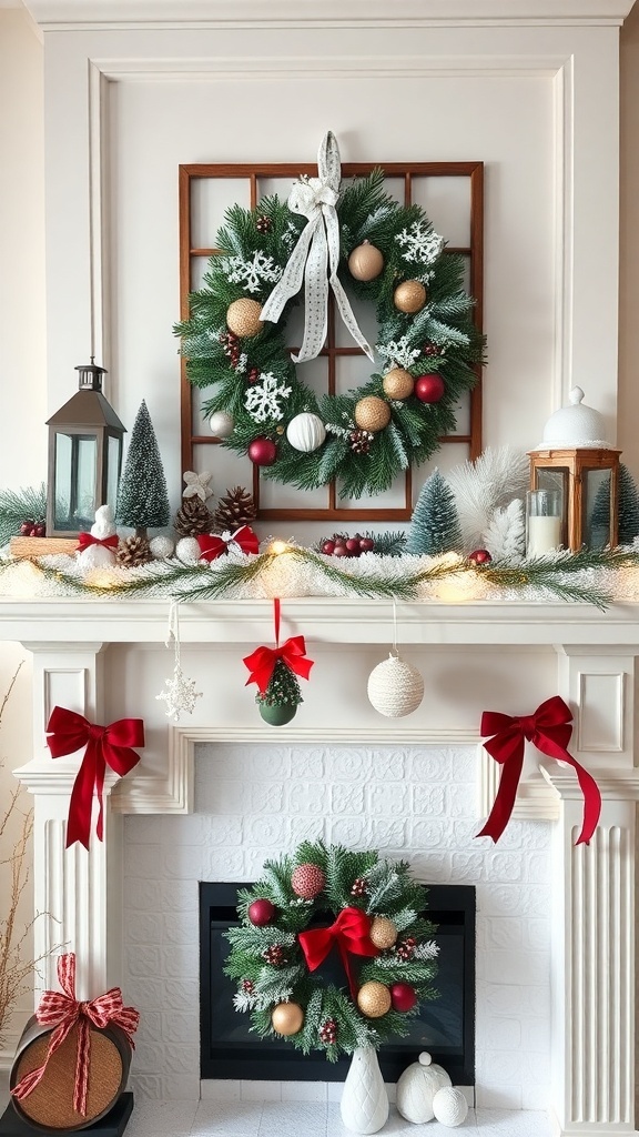 A beautifully decorated holiday mantle with a wreath, ornaments, and festive decorations.