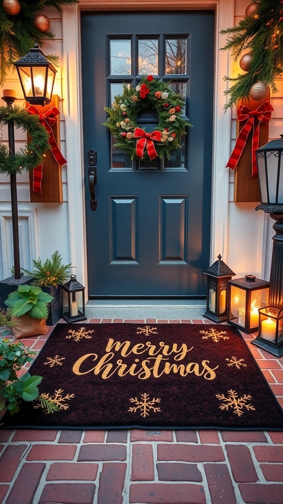 A front porch decorated for Christmas with a 'Merry Christmas' door mat, greenery, and festive bows.