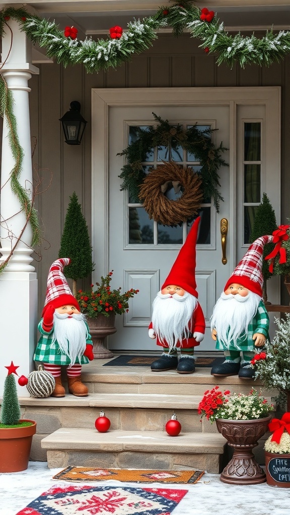 Three holiday-themed garden gnomes on a front porch, surrounded by festive decorations.