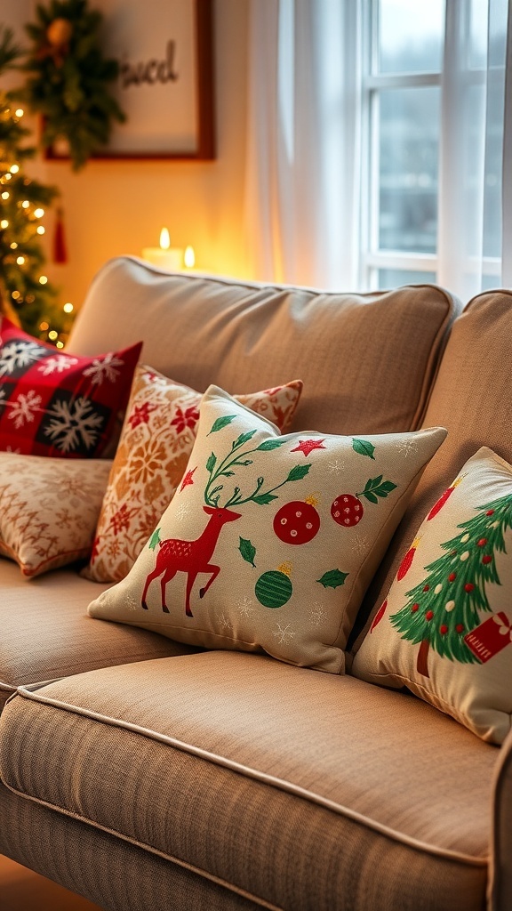 A collection of colorful holiday-themed pillow covers with Christmas designs.