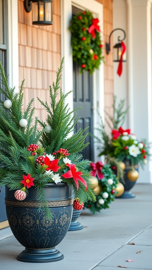 Decorative holiday planters with evergreens and red flowers on a front porch.