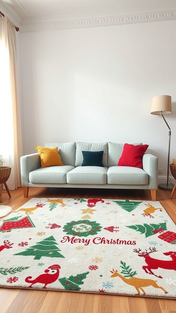 A colorful holiday-themed rug with Christmas designs in a cozy living room.