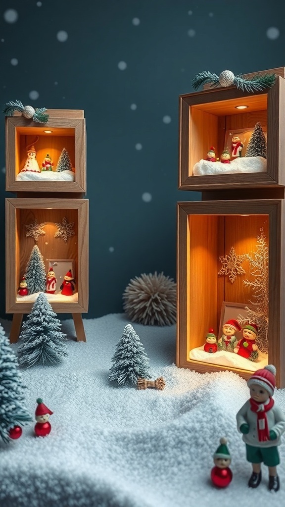 Decorative wooden shadow boxes with Christmas scenes and miniature figures.