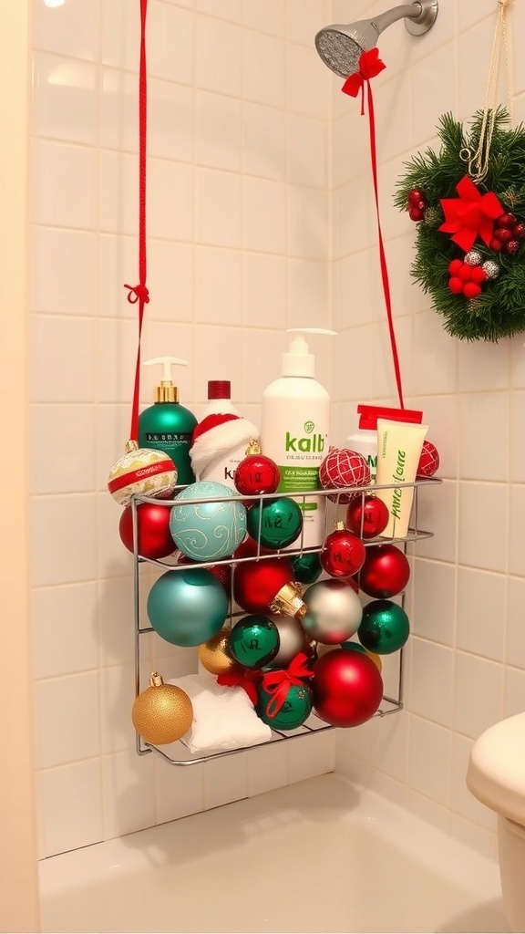 A shower caddy decorated with colorful Christmas ornaments and bath products.