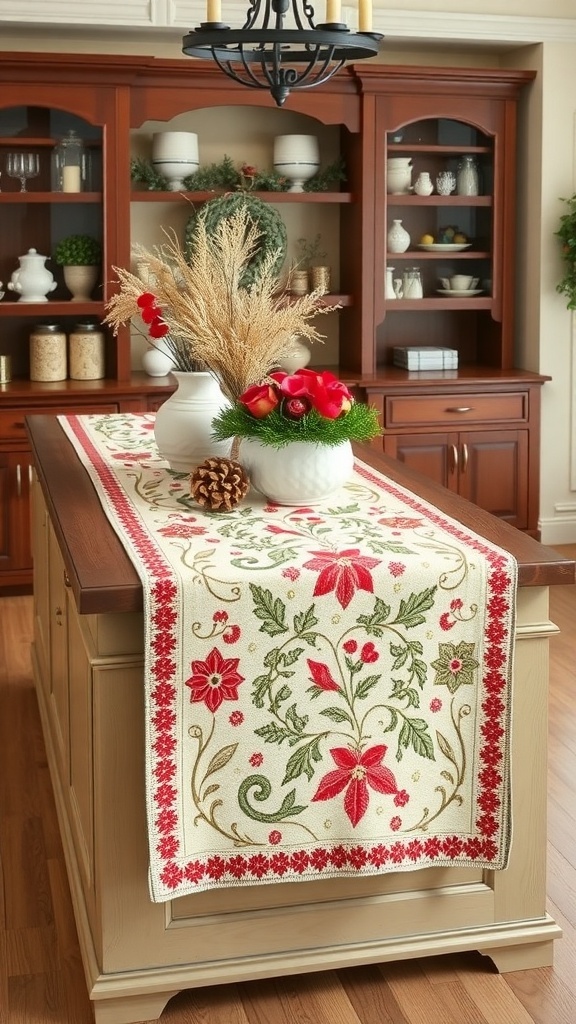 A beautifully decorated kitchen island with a holiday-themed table runner, festive decorations, and a cozy atmosphere.