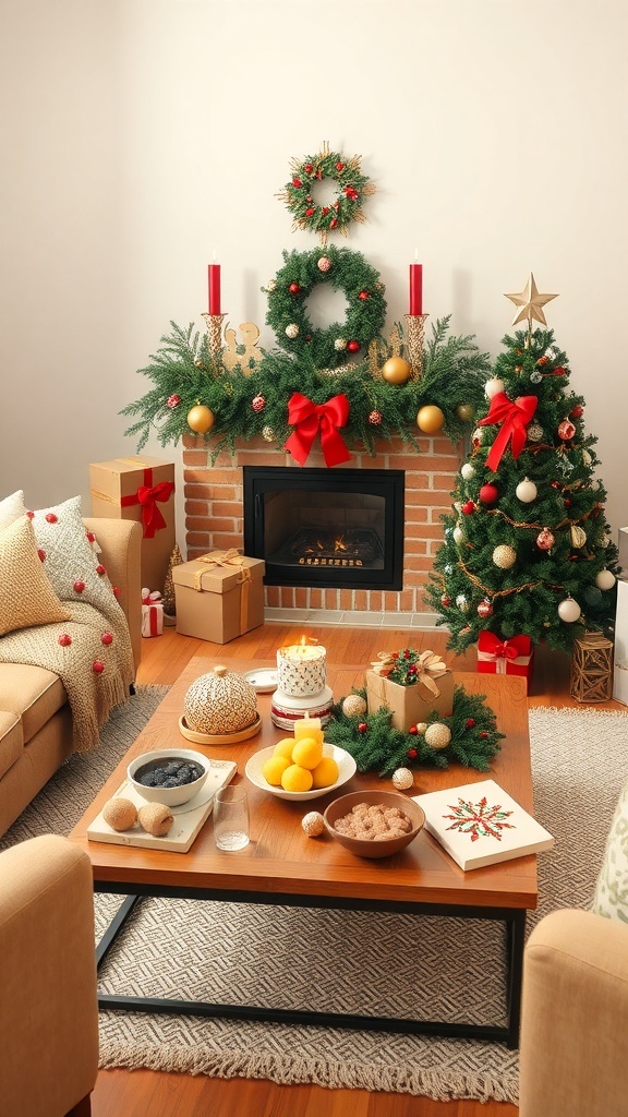 Cozy Christmas living room with holiday-themed table settings.