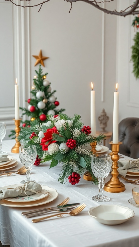 A beautifully set holiday table featuring candles, a floral centerpiece, and elegant tableware.
