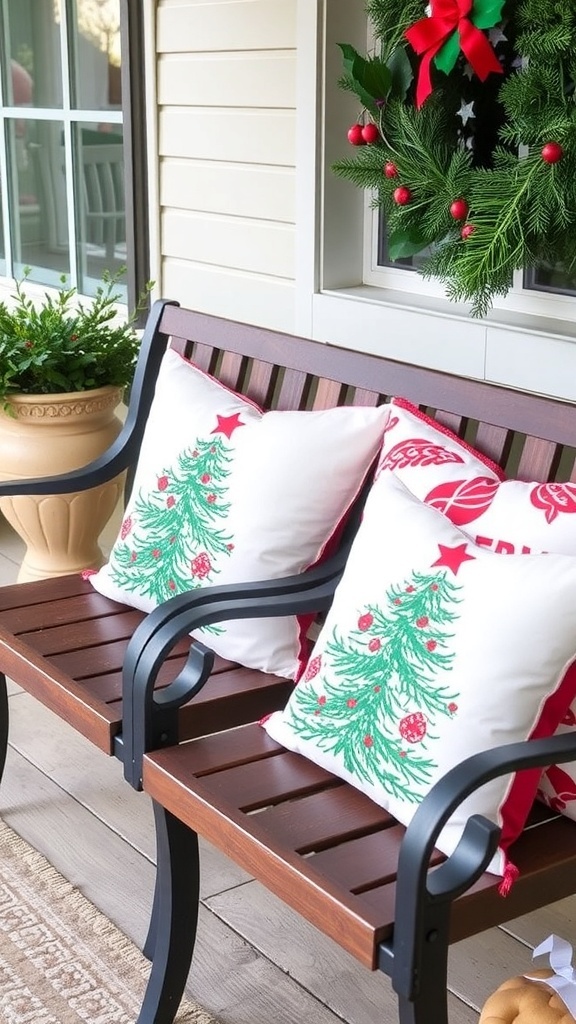 A cozy front porch decorated with holiday-themed throw pillows in various patterns and colors.