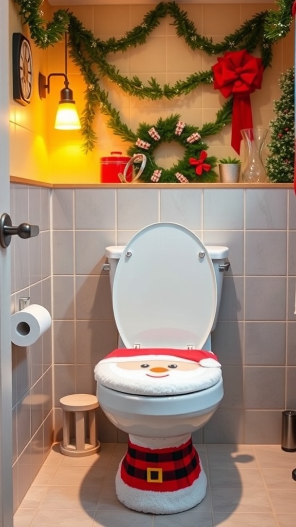 A bathroom with a holiday-themed toilet cover featuring a Santa design.