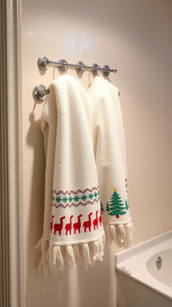 Two holiday-themed towels hanging on a rack, featuring festive designs.