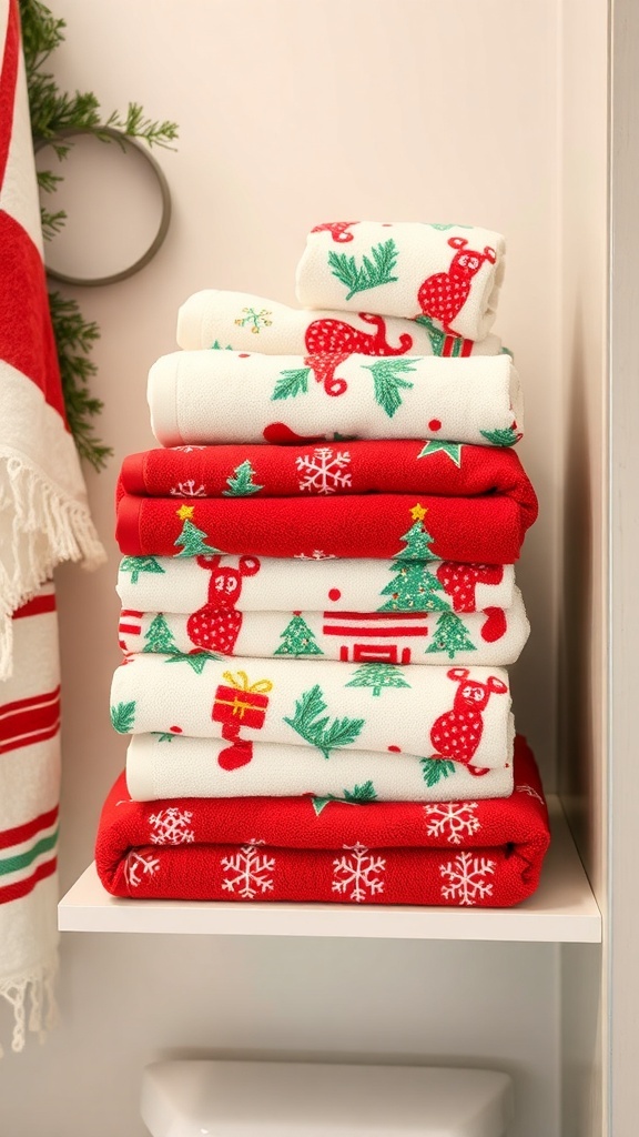 A stack of colorful Christmas-themed towels featuring red and white designs with snowflakes and Christmas motifs.