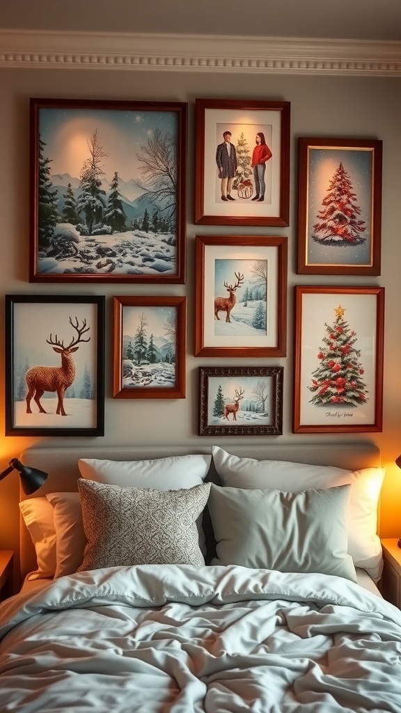 A collection of holiday-themed wall art in a cozy bedroom setting.