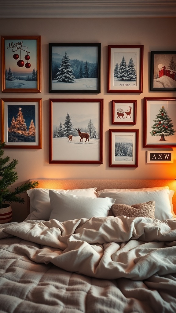 A collection of holiday-themed wall art featuring Christmas trees, Santa, and festive decorations.