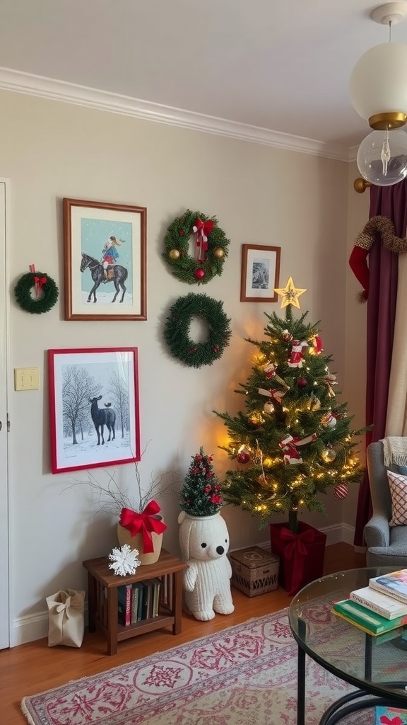 A cozy Christmas living room with holiday-themed wall art, wreaths, and a decorated tree.