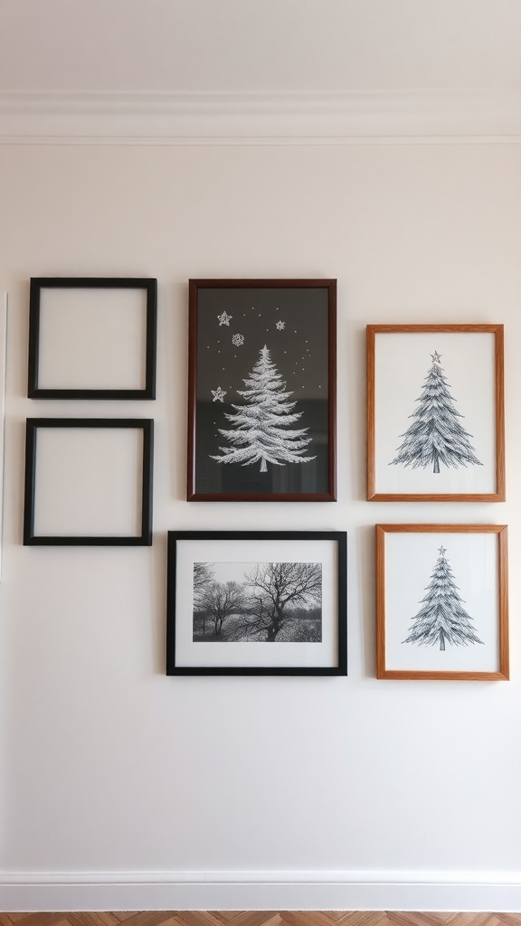 A collection of holiday-themed wall art featuring Christmas trees and winter scenes in various frames.