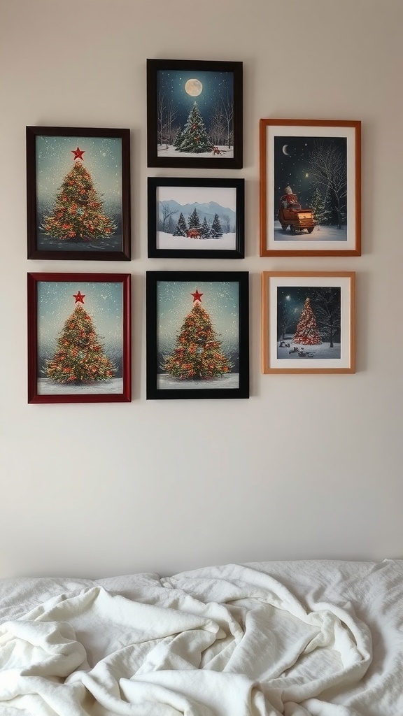 A collection of holiday-themed wall art featuring Christmas trees and winter scenes in various frames.