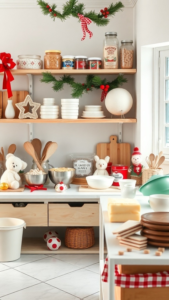 A cozy kitchen decorated for Christmas with baking supplies and festive decor.
