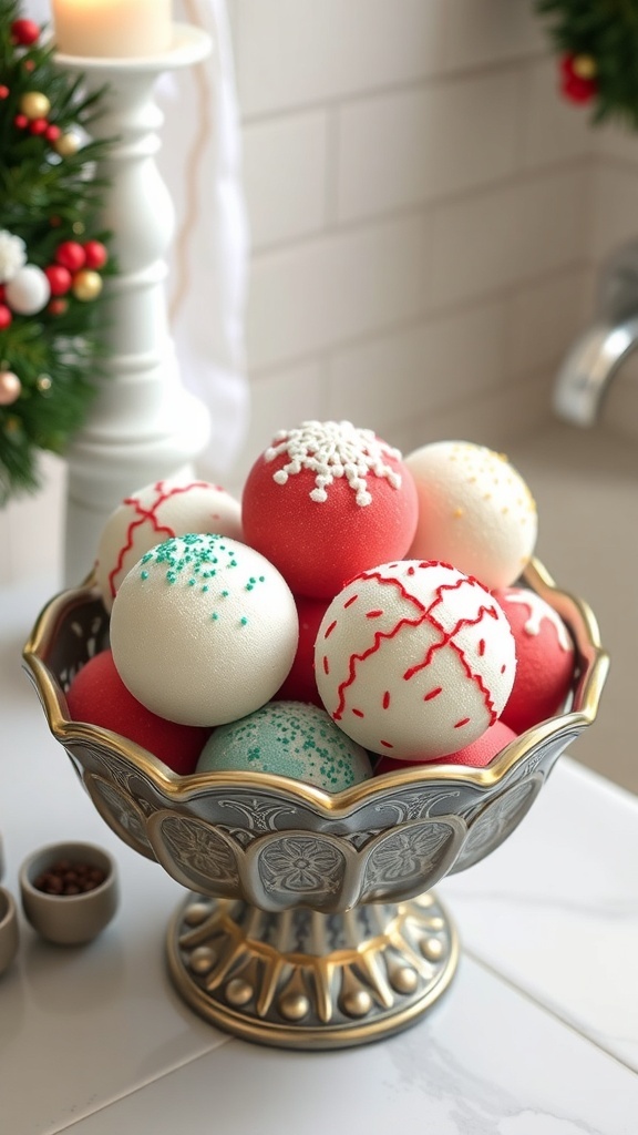 A bowl of colorful holiday-themed bath bombs.