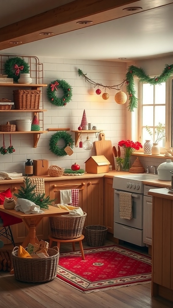 A cozy farmhouse kitchen decorated for Christmas with wreaths, garlands, and a festive rug.