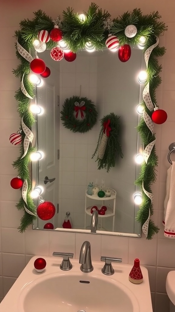 A bathroom mirror decorated with garlands, ornaments, and lights for Christmas.
