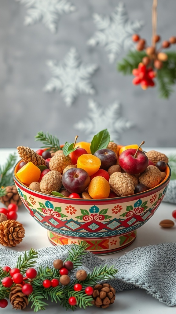 A vibrant bowl filled with fruits and nuts, surrounded by festive decorations.
