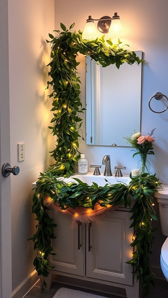 A beautifully decorated bathroom with garland and lights around the mirror and sink.
