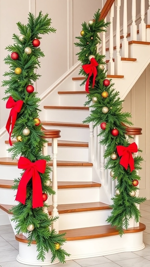 Holiday garland with red bows and ornaments draped along railings