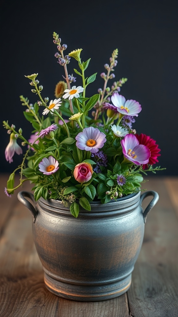 A floral centerpiece featuring colorful flowers and herbs in a rustic pot.