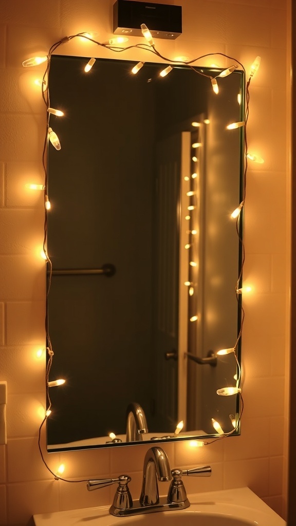 A bathroom mirror framed with warm string lights, creating a cozy holiday atmosphere.