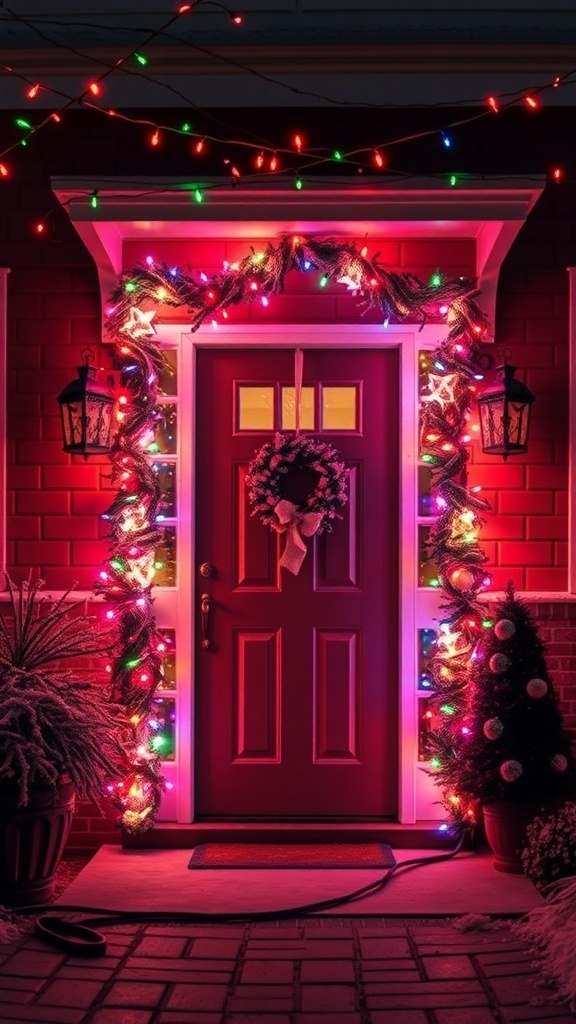 A beautifully decorated front door with colorful holiday lights and a wreath.