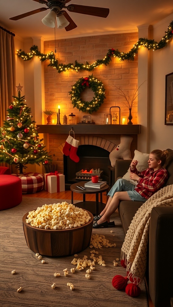 A cozy living room setup for a holiday movie marathon with popcorn, a warm drink, and festive decorations.