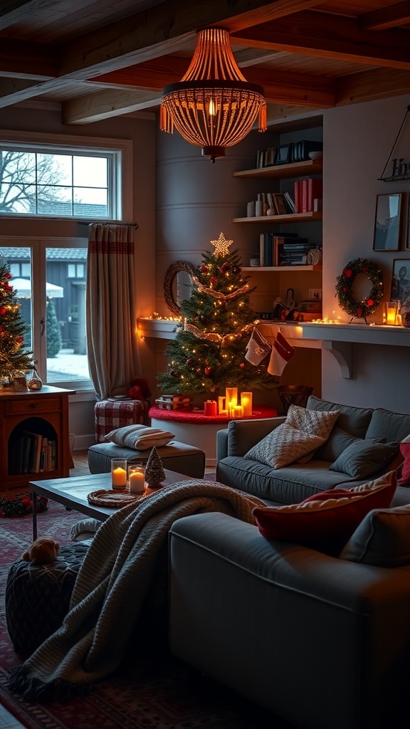 Cozy apartment decorated for a holiday movie night with a fireplace and Christmas tree.