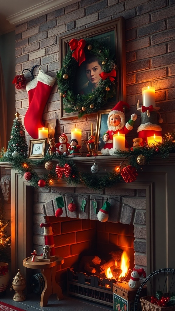 A beautifully decorated Christmas fireplace mantel with garlands, stockings, and holiday-themed decorations.