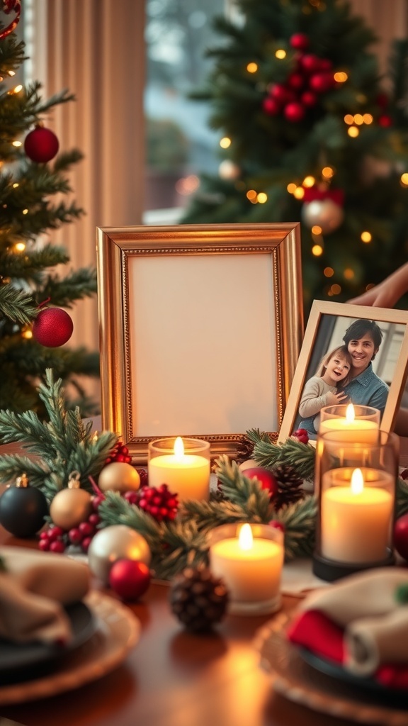 A festive Christmas picture frame with a holiday quote, surrounded by seasonal decorations.