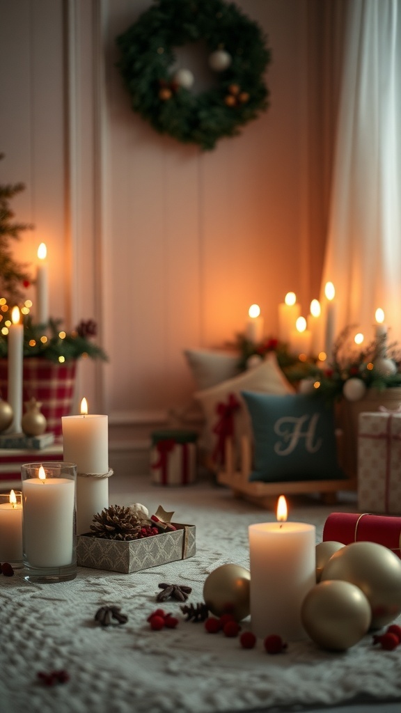 A cozy Christmas room with candles, a wreath, and festive decorations.