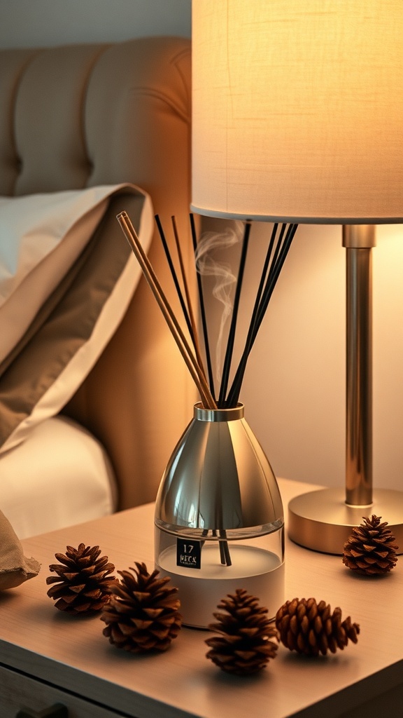 A stylish scent diffuser on a bedside table with pinecones.
