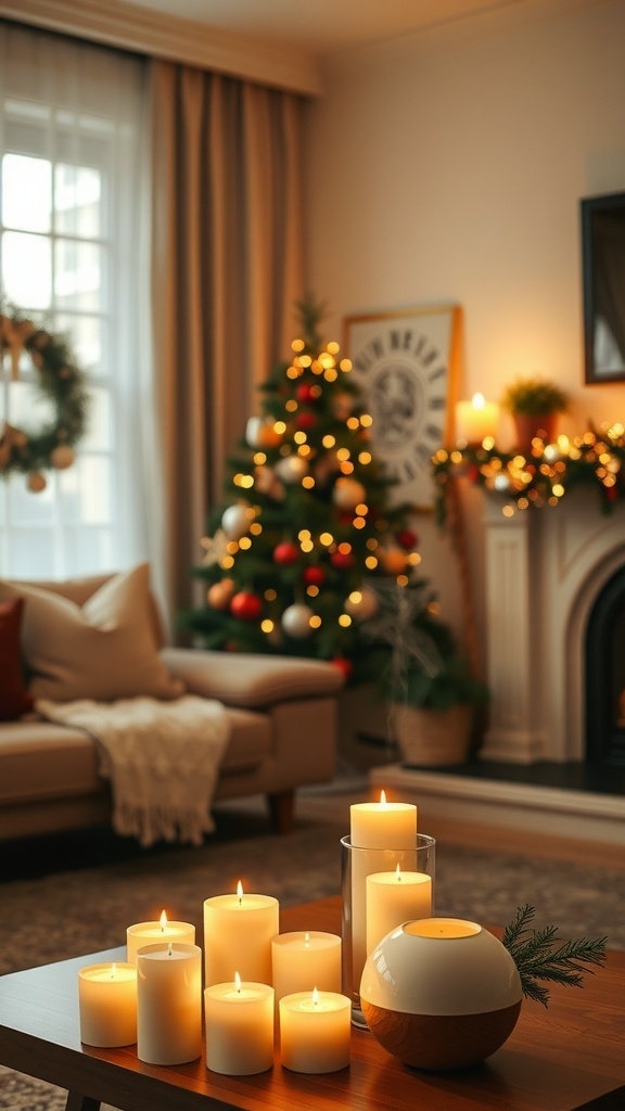 A cozy Christmas living room with candles and a decorated tree.