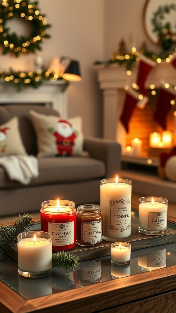 A cozy living room decorated for Christmas with scented candles on a table.