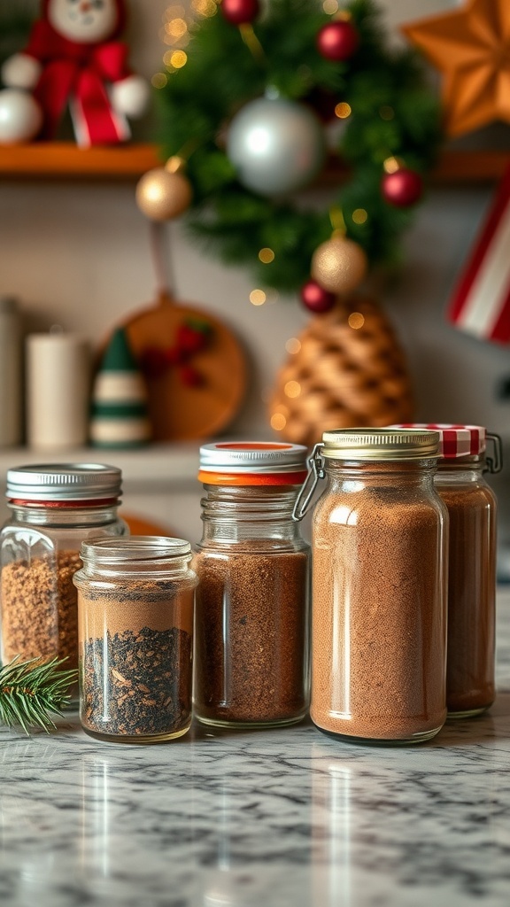 A collection of spice jars on a kitchen countertop, decorated for the holidays.
