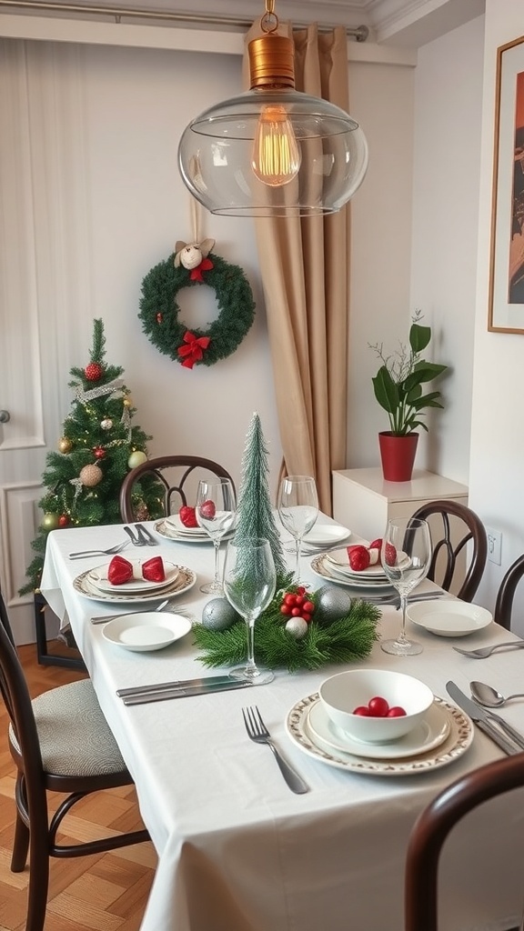 A beautifully set holiday table with red ornaments, greenery, and a small Christmas tree in a cozy apartment.