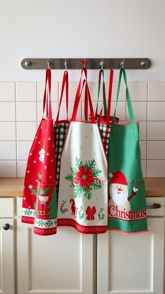 Colorful holiday themed aprons hanging in a kitchen.