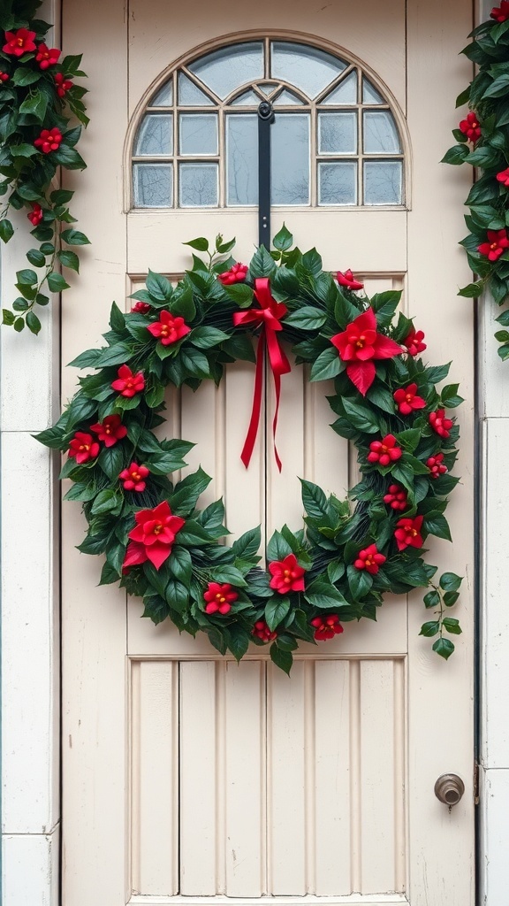 A festive holly and ivy wreath with red flowers hanging on a door.