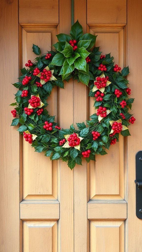 A festive holly and ivy wreath with red berries on a wooden door.