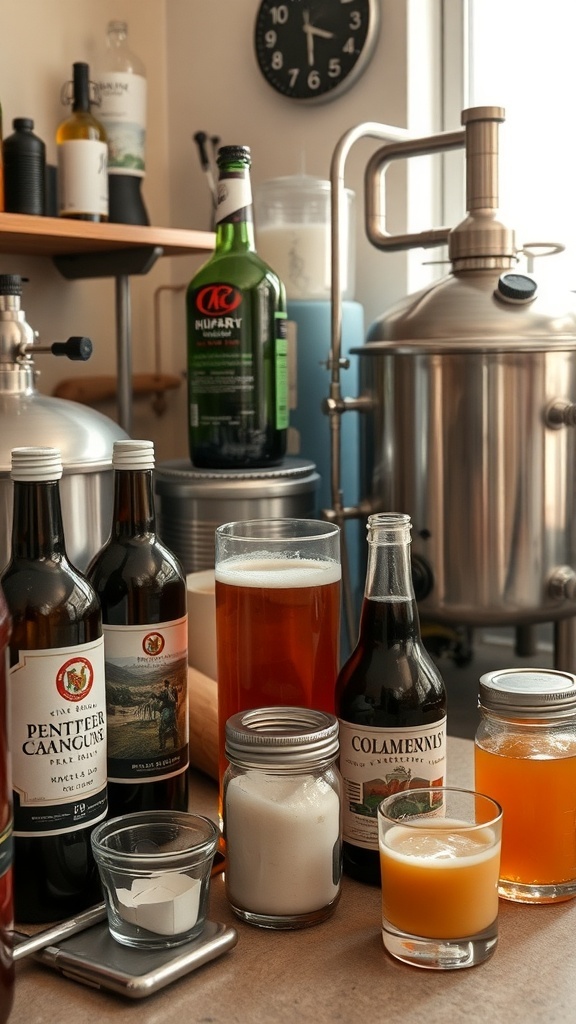 A home brewing setup with various bottles and brewing equipment.