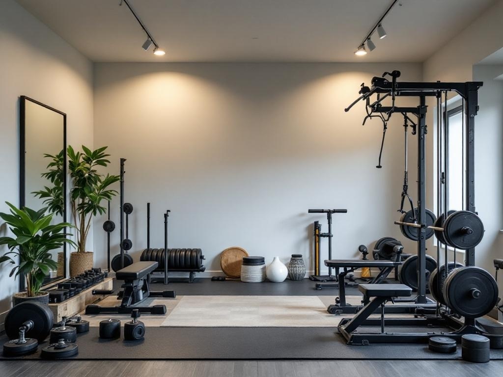 A modern home gym featuring various workout equipment, weights, and a plant.