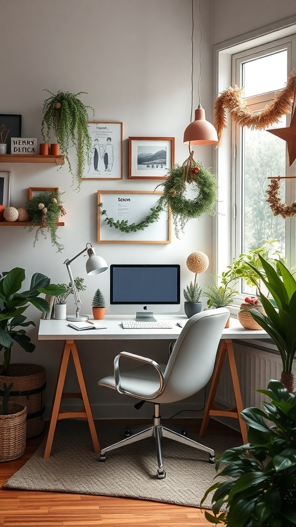 A stylish home office with plants, a desk, and a computer.