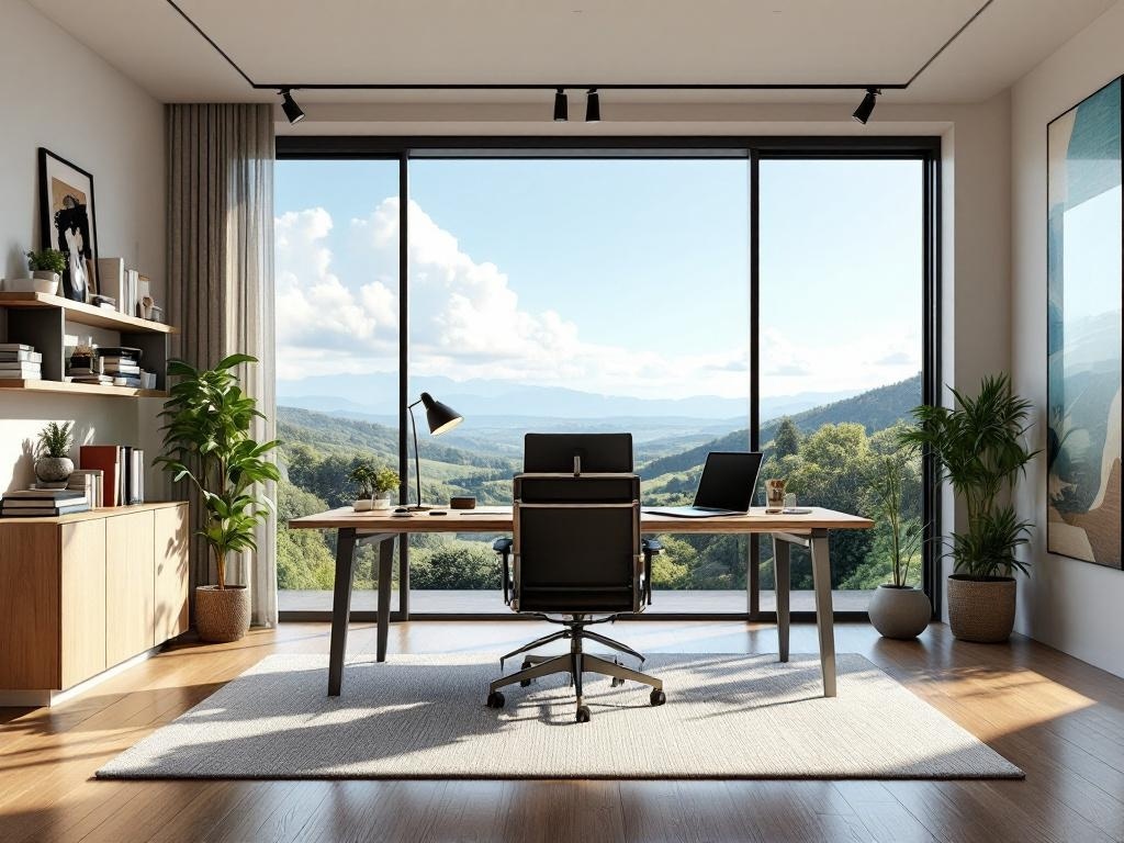 A modern home office with large windows showcasing a beautiful view of hills and greenery.